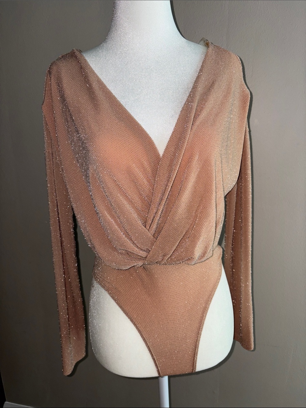 Windsor - Shimmer Surplice Long-Sleeve Bodysuit in Peachy Nude